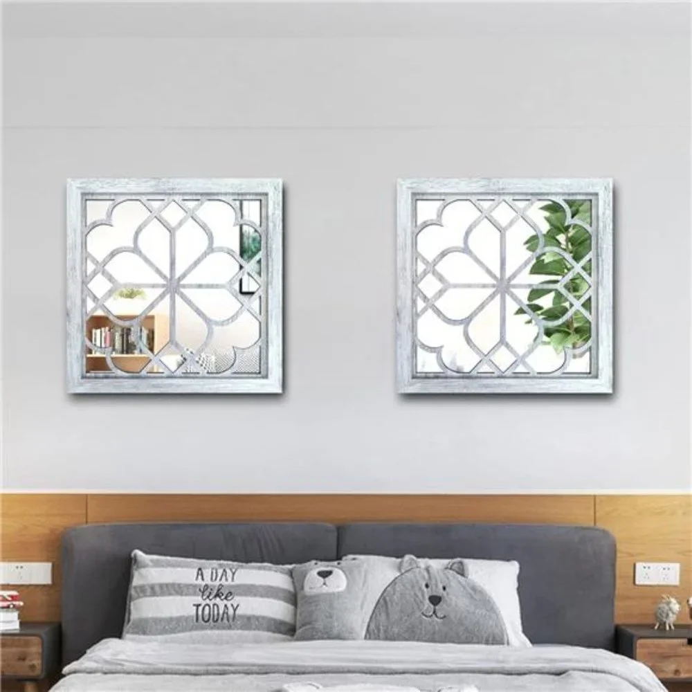 2 PCS Square  Wall Mirror,Gorgeous Rustic Farmhouse Accent Mirror,Rustic White